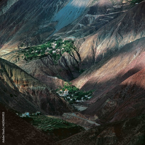 canyon and Tibetan village in the mountains
