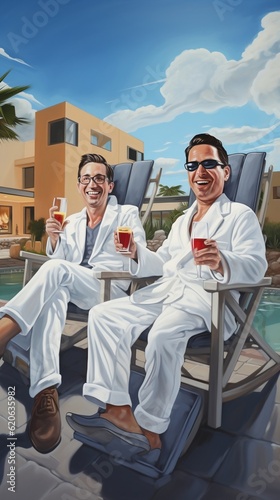 Caricature realistic. 2 people in white bathrobes sitting on lounge chairs in an outdoor spa, toasting. Generative AI