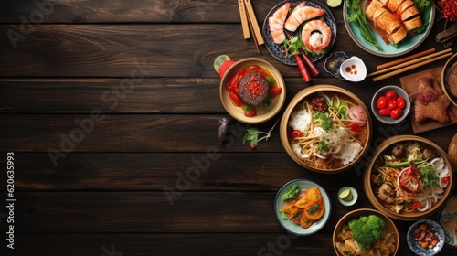 Asian food served on wooden table top view space for text