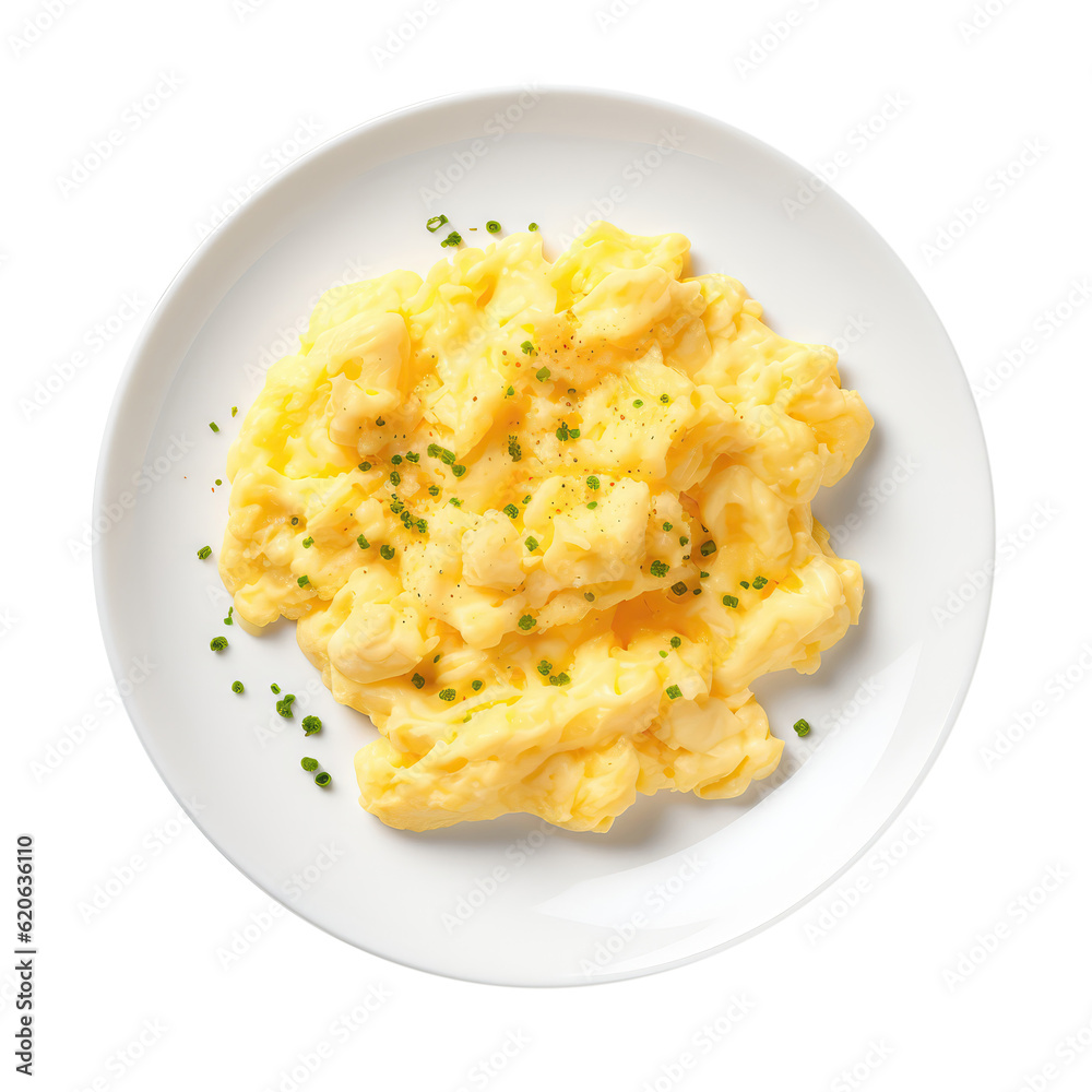 Scrambled Eggs On White Plate, Directly Above View On Isolated Transparent Background, Png. Generative AI