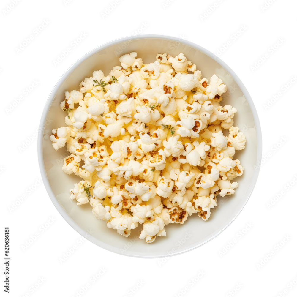 Truffle Buttered Popcorn On White Plate, Directly Above View On Isolated Transparent Background, Png. Generative AI