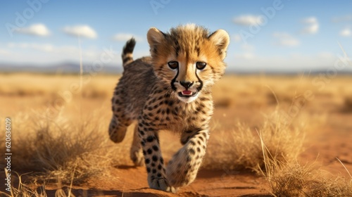 baby cheetah learning to run on the vast grassy plains, created with generative ai