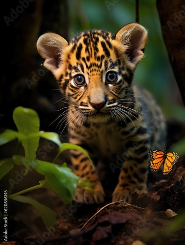 baby jaguar cub chasing a fluttering butterfly, created with generative ai © Perfect PNG