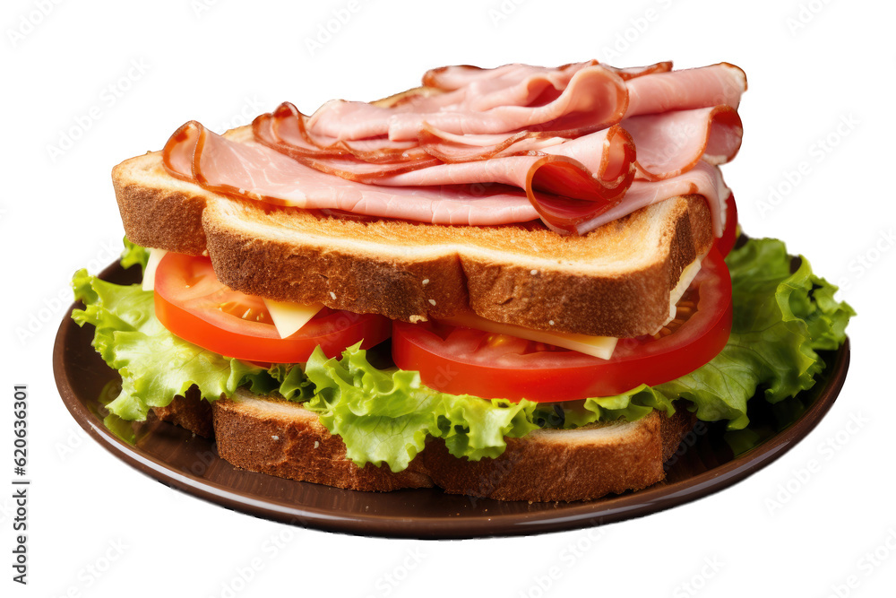 A sandwich consisting of ham, cheese, tomatoes, lettuce, and toast. Seen from above and placed on a transparent background.