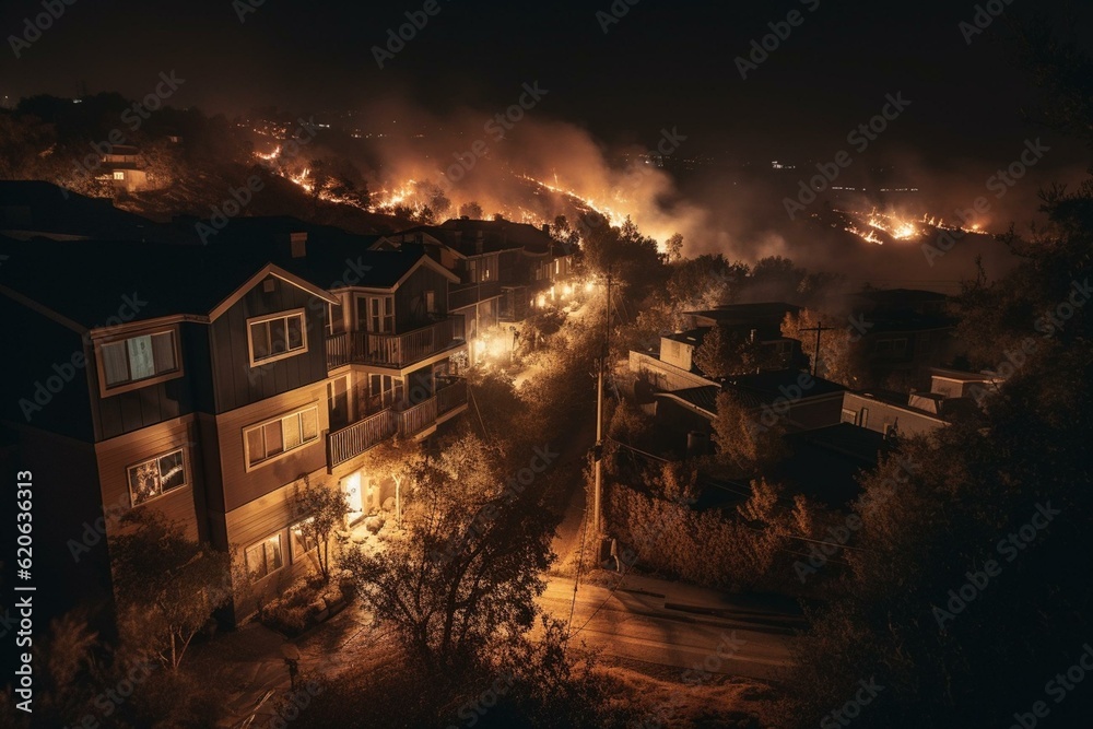 Nighttime California wildfire encroaches on residential neighborhood. Generative AI - obrazy, fototapety, plakaty 
