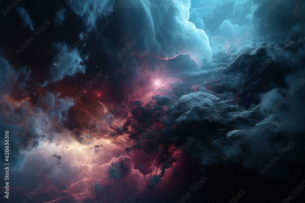 A cosmic scene of a colorful nebula surrounding a planet. Generative AI