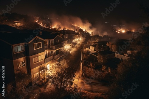 Nighttime California wildfire encroaches on residential neighborhood. Generative AI