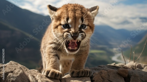 close-up of a puma kittens playful snarl, created with generative ai