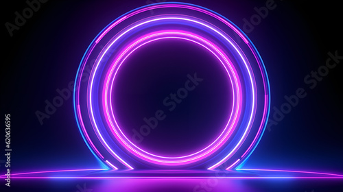 3d render technological future interface background, abstract neon background with fluorescent ring, laser line glowing with pink blue light.