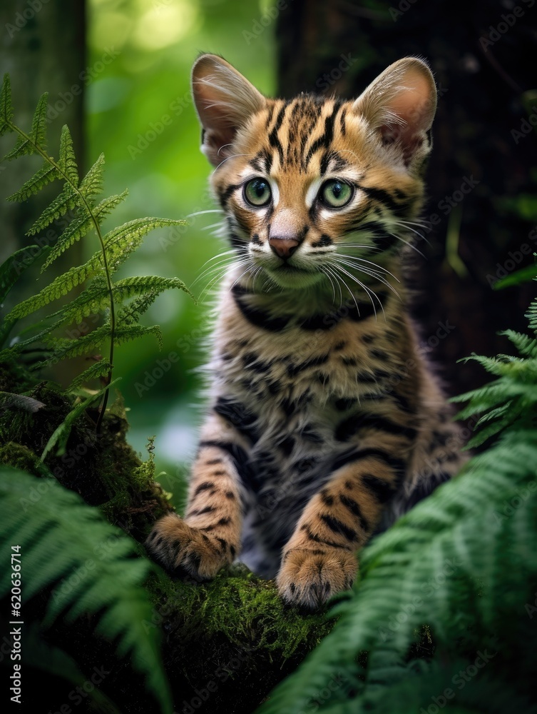 young bengal tiger kitten sitting curiously in a lush jungle forest, created with generative ai young bengal tiger kitten sitting curiously in a lush jungle forest, created with generative ai