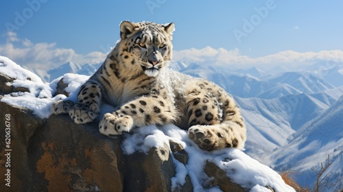 young snow leopard resting lazily on a high-altitude cliff, created with generative ai