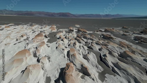 Drone footage of Campo de Piedra Pomez - a bizarre but beautiful landscape in the Argentinian highlands with a huge field of pumice, volcanic rocks and dunes of sand in the Puna - natural look