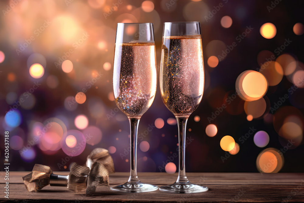 Two Champagne Glasses On Background Of Fireworks In Pastel Colors. Birthday Celebration. Generative AI Two Champagne Glasses On Background Of Fireworks In Pastel Colors. Birthday Celebration. Generative AI