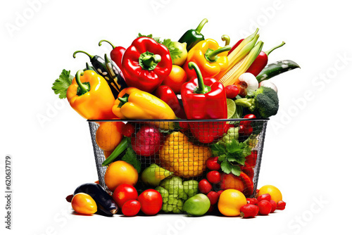 Fruits And Vegetables Fall Into Plastic Basket From The Supermarket On White Background. Generative AI