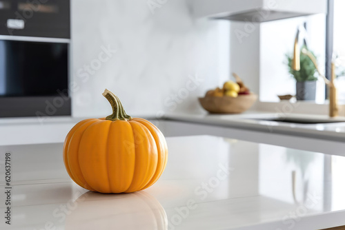 Pumpkin On The Table In White Modern Kitchen Closeup. Empty Space. Generative AI