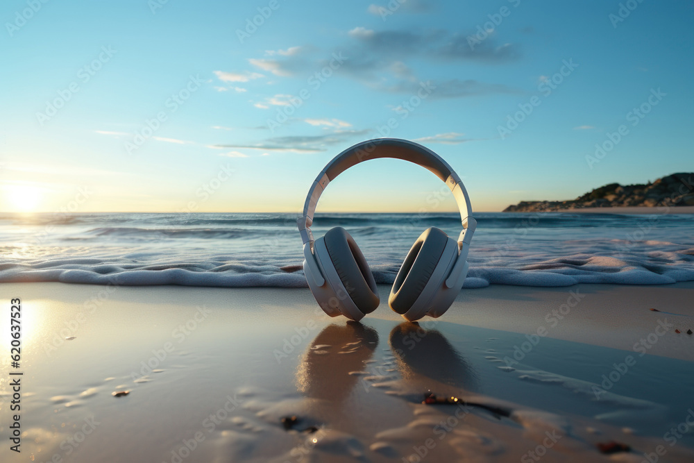 Headphones on the beach, background with copy space. AI generative. Headphones on the beach, background with copy space. AI generative.