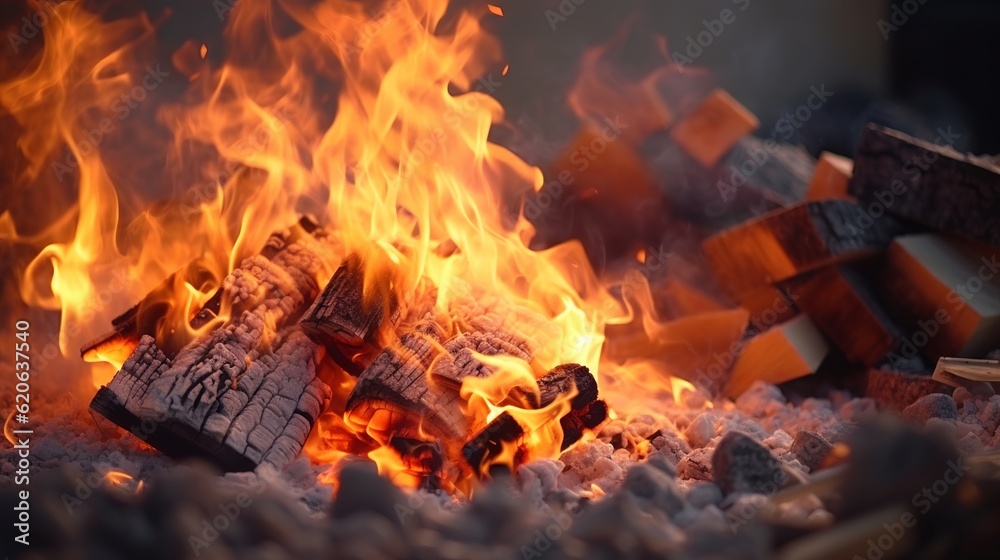Fototapeta premium Hot coals in the fire, bonfire flame Generative AI