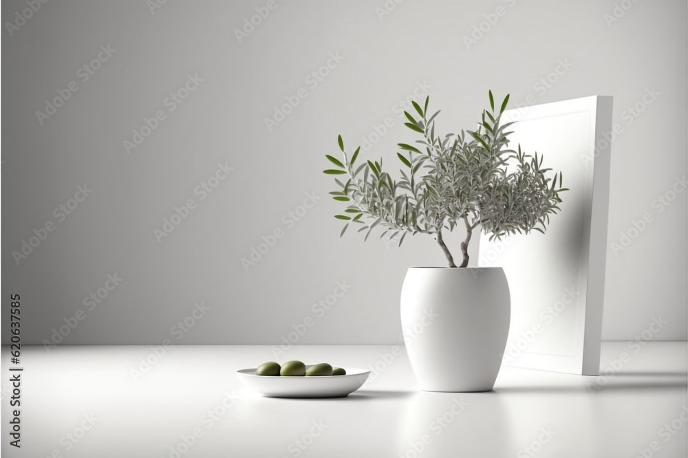 A white background with a white vase on the end of the table containing olive tree,