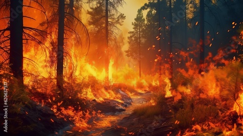 Burning fire in the forest. Beautiful landscape of nature. and trees. Sparks and flames Generative AI