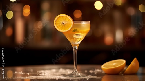 Glass of sidecar orange cocktail decorated with lemon at bar counter background Generative AI