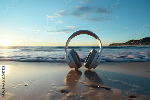 Headphones on the beach, background with copy space. AI generative.