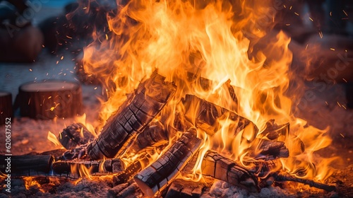 Hot coals in the fire, bonfire flame Generative AI © Suleyman