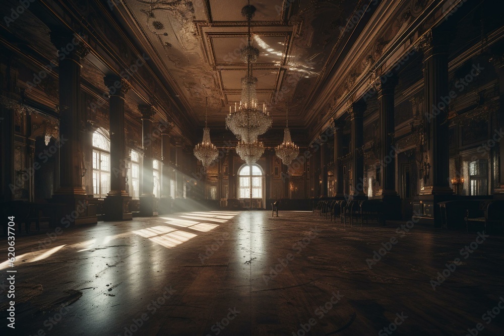 Desolate classical ballroom. Generative AI