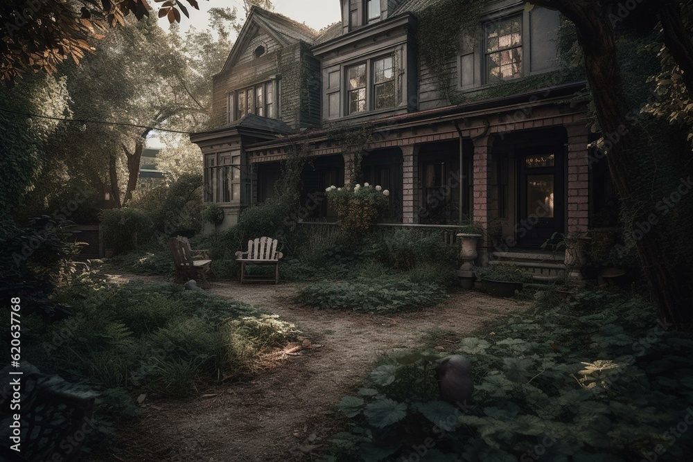 Historical haunted residence - rear yard. Generative AI