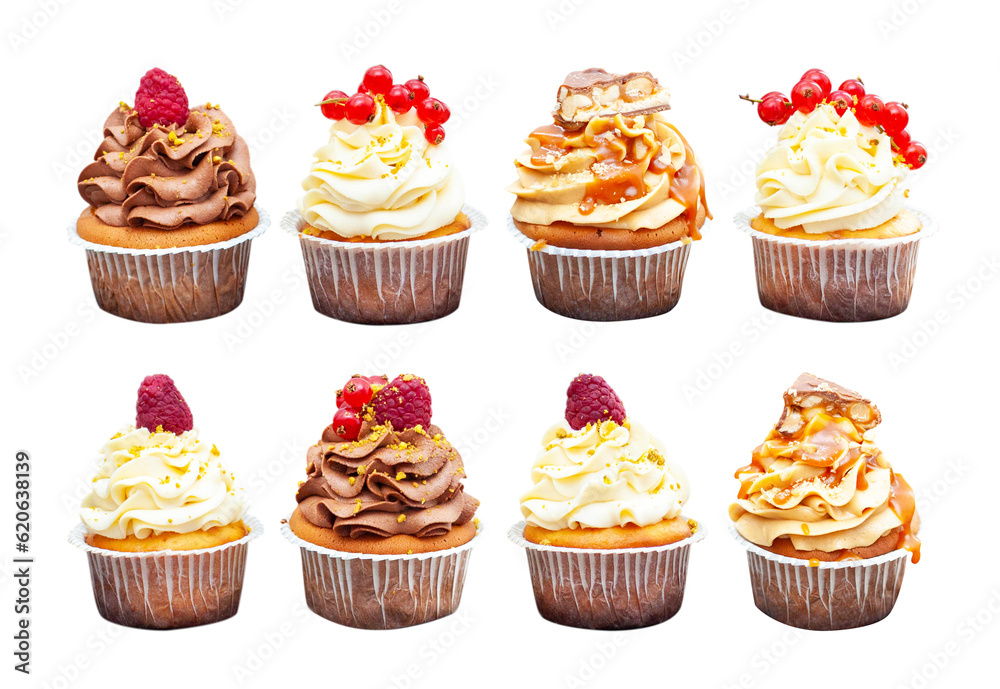 Assorted beautiful vanilla cupcakes with fresh raspberry, strawberry, red currand on wooden background Assorted beautiful vanilla cupcakes with fresh raspberry, strawberry, red currand on wooden background