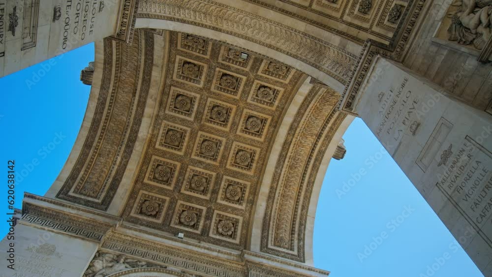 Decorative pedestals of the sculptures on the Arc de Triomphe. Iconic triumphal arch with the names of all French victories and generals inscribed on its inner and outer surfaces.