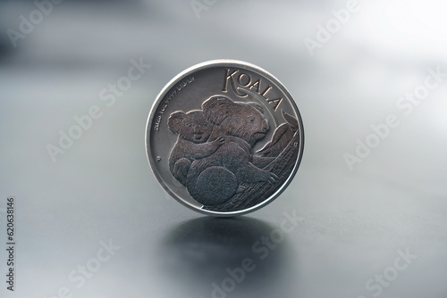 Koala silver coin is the 17th in the Australian Koala series. The Australian Koala series coins have been produced since 2007. Last 2023 edition. White bright colours.   photo