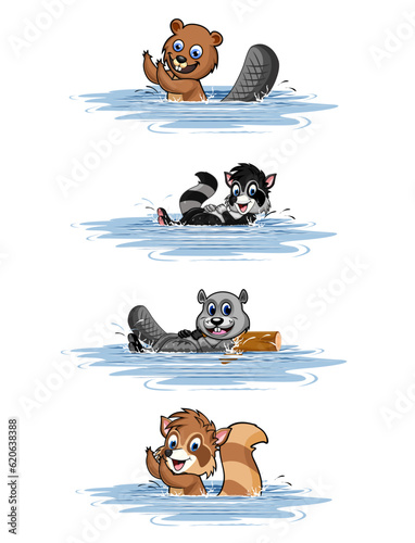 four pictures of cute bathing animals, suitable for story books and other children's books, can also be for banners, web banners, or brochures or for promotional products