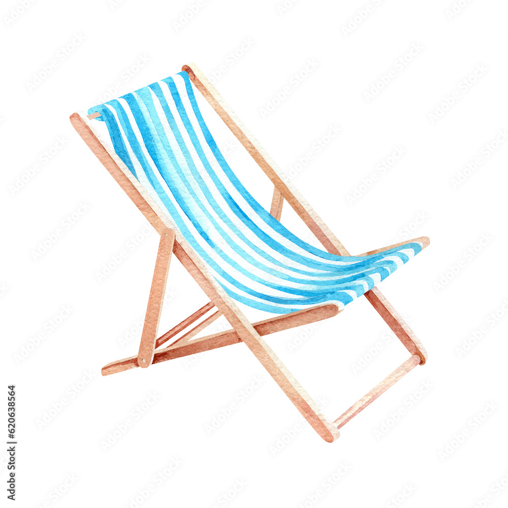 The beach chair is white with blue stripes. Watercolor drawing on a white background. Isolate.