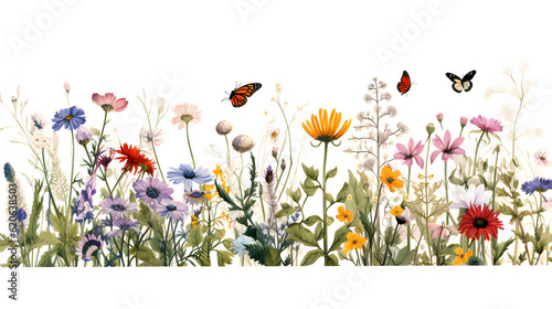 Group of Wildflowers, herbs, flowers, plants and butterflies flyng around. Outline Style 
 photo
