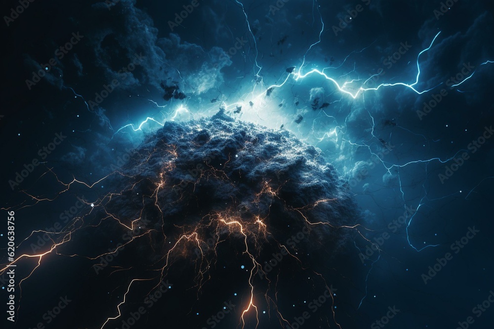 Abstract blue lightning charge with blitz effect on a dark night storm