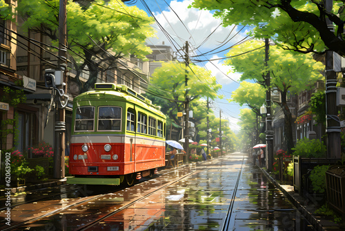 city ​​and train views, anime styl