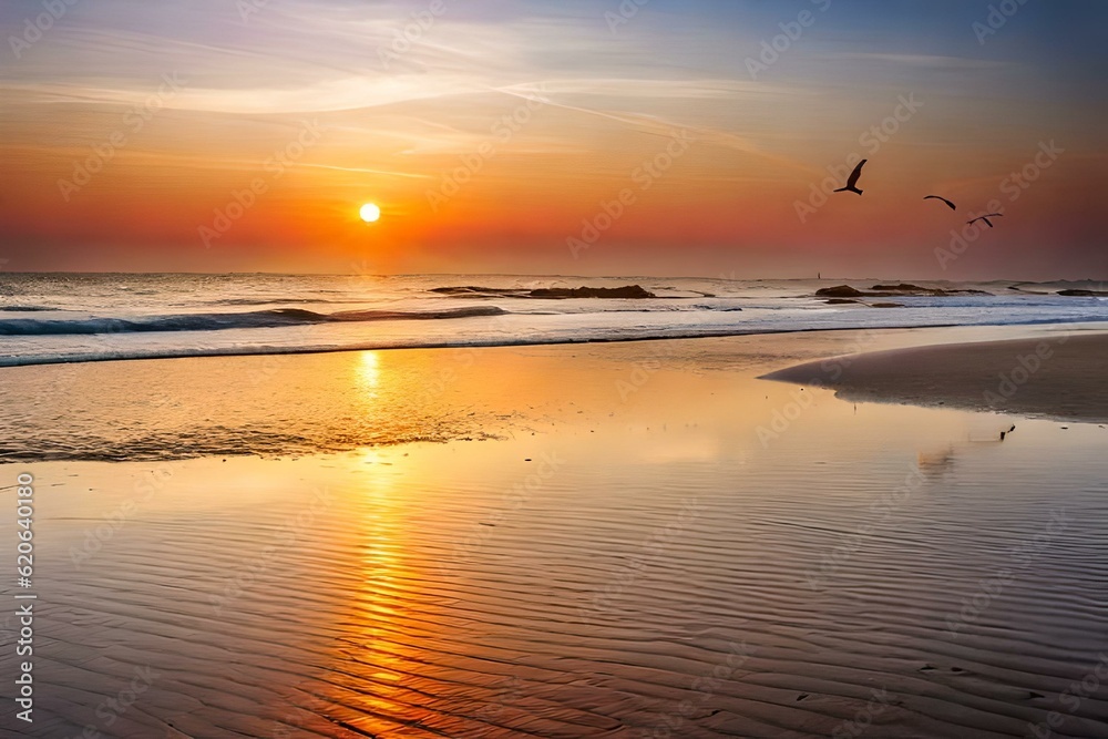  A serene beach at sunset, with the sun setting over calm waters and birds flying in the sky, reflecting on wet sand. 