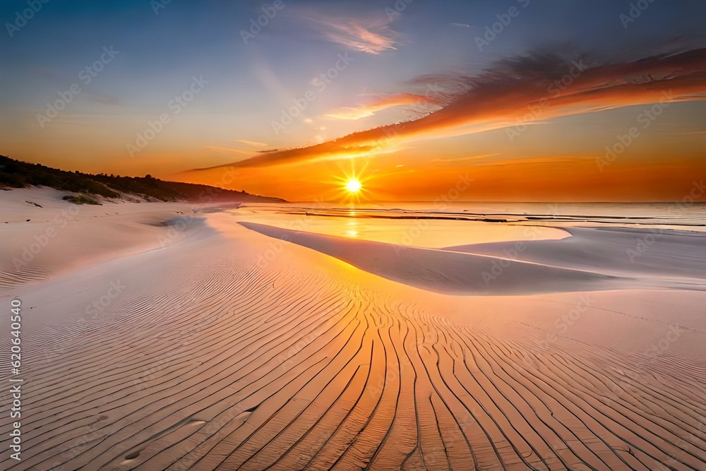  A beautiful sunset over the white sandy beach of Limp groun, South Africa. The golden rays cast long shadows on the sand and create intricate patterns in its surface.