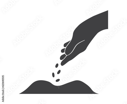 silhouette of hand sowing seeds to the ground - vector illustration