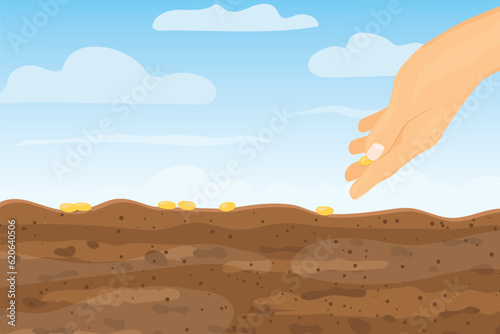 hand sowing seeds to the ground - vector illustration