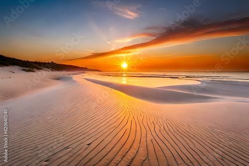  A beautiful sunset over the white sandy beach of Limp groun, South Africa. The golden rays cast long shadows on the sand and create intricate patterns in its surface. © Wajid