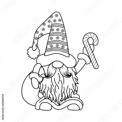 color page of gnome santa clause with a gift bag and Christmas candy canes, walking happily to your house