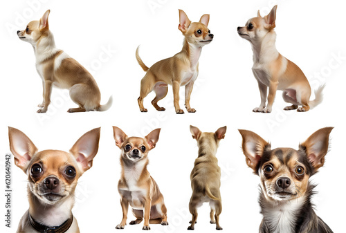 Chihuahua dog puppy, many angles and view portrait side back head shot isolated on transparent background cutout, PNG file