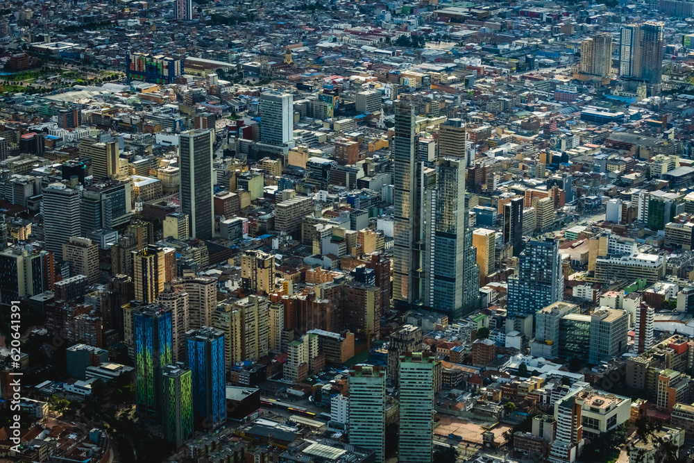 drone skyscraper cityscape modern building in Bogota Colombia capital city aerial
