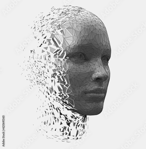 Vector polygonal illustration of a humanoid robot head disintegrate. Artificial intelligence taking human form. Human form disintegrating