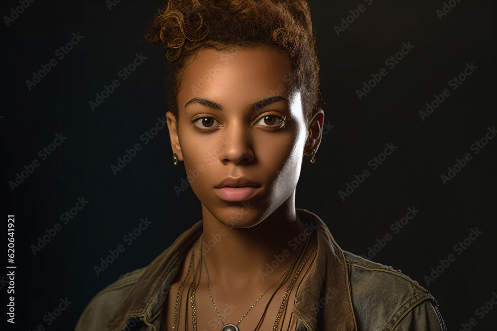 Portrait of a LGBTQ+ individual in a simple background, looking at camera with expression. Generative AI.