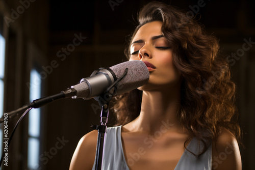 Emotional performance of a woman singer with curly hair in a recording studio, tank top dress. Generative AI.