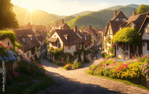 Village with hills and flowers garden, Generative AI Illustration.