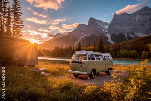 a breathtaking sunset view from a cozy camper van. Created with generative AI technology.