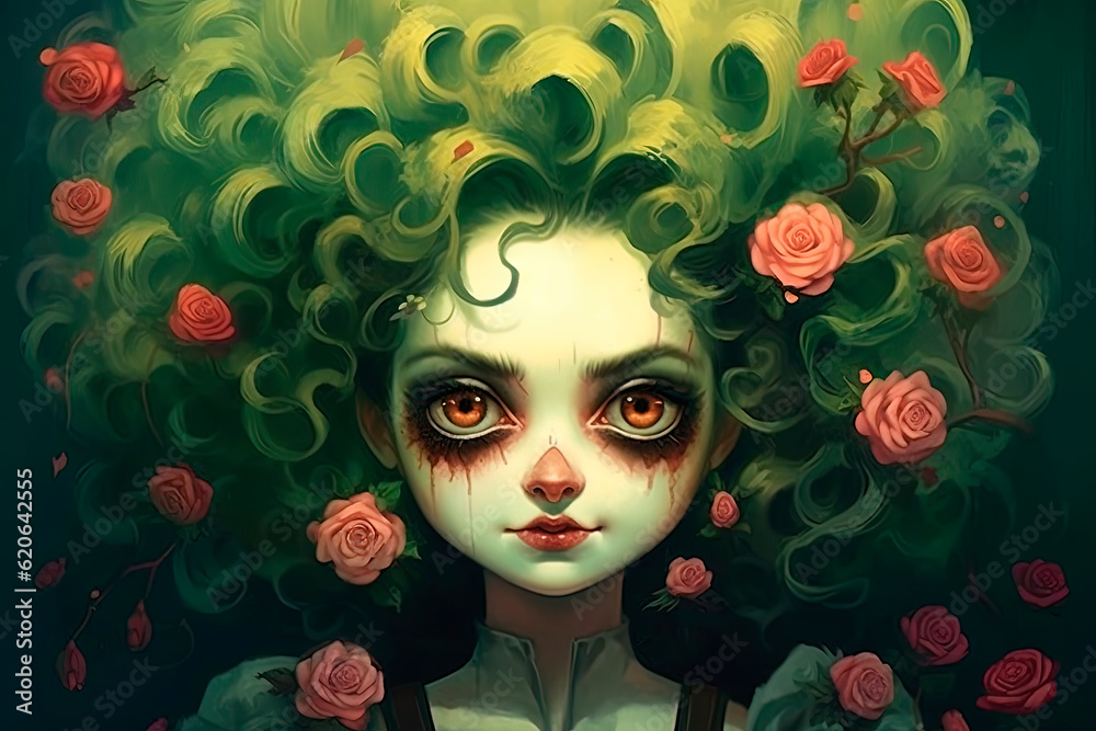 Witch, mermaid with green hair and roses in her hair. Generative AI Witch, mermaid with green hair and roses in her hair. Generative AI